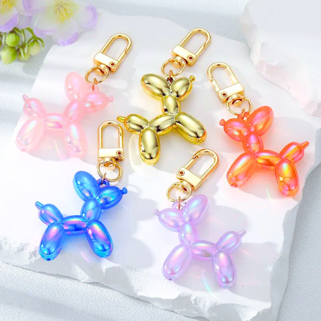 U Style Balloon Dog Glitter Rubber Keychain with Metal Keyring 